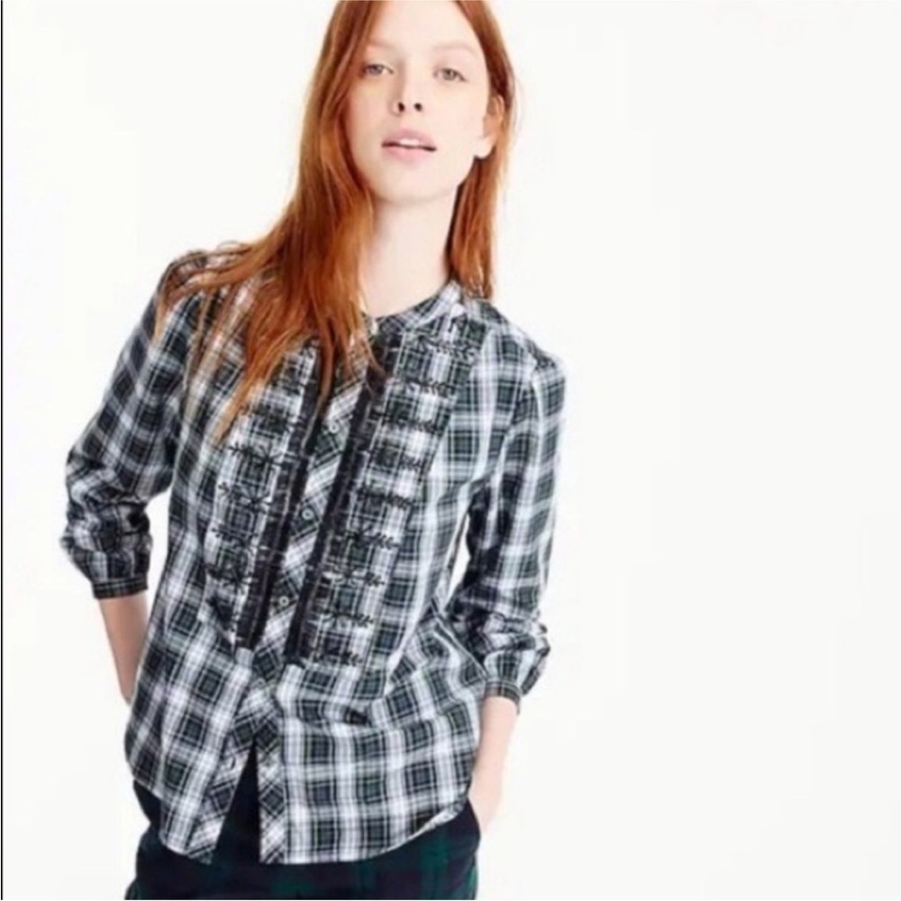 J.Crew Cotton Plaid Shirt Green Tartan Beaded Embellished Long Sleeve XS